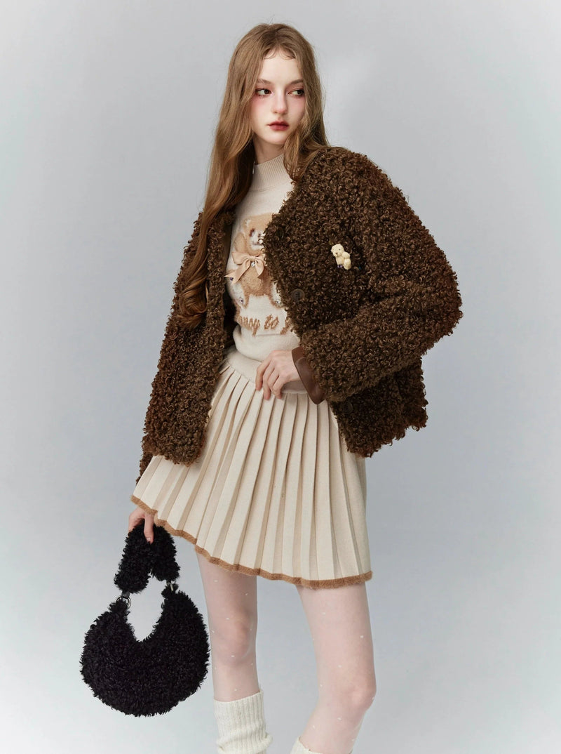 Cozy Teddy Bear Cardigan: Plush Textured Cropped Jacket With Charming Embroidered Details