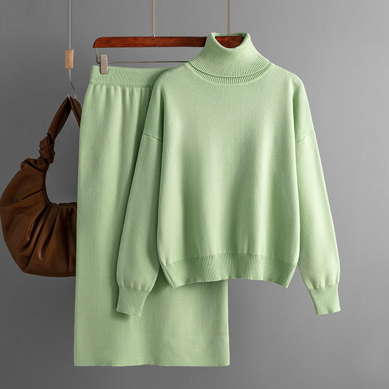 Color Turtleneck Sweater Sheath Skirt Two Piece Set Autumn Winter Knitting Suit