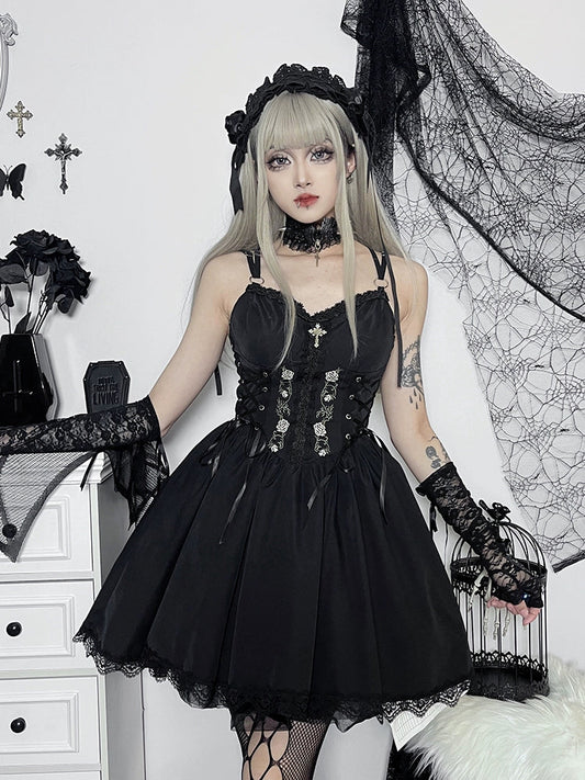 Wannathis Gothic Lolita Dress Set - Black Corset Mini Dress With Lace Bolero and Gloves