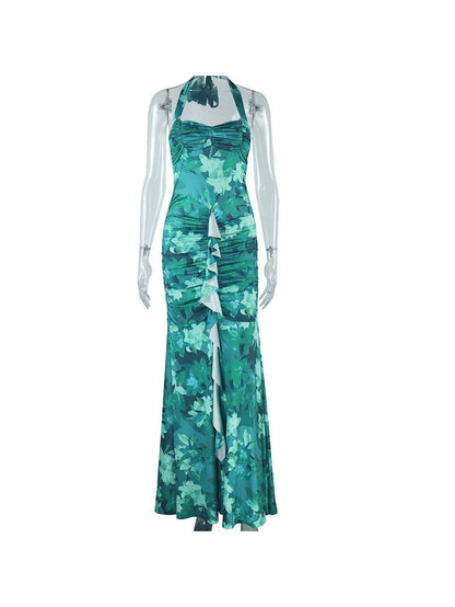 Print Halterneck Ruched Ruffle Slit Maxi Dress