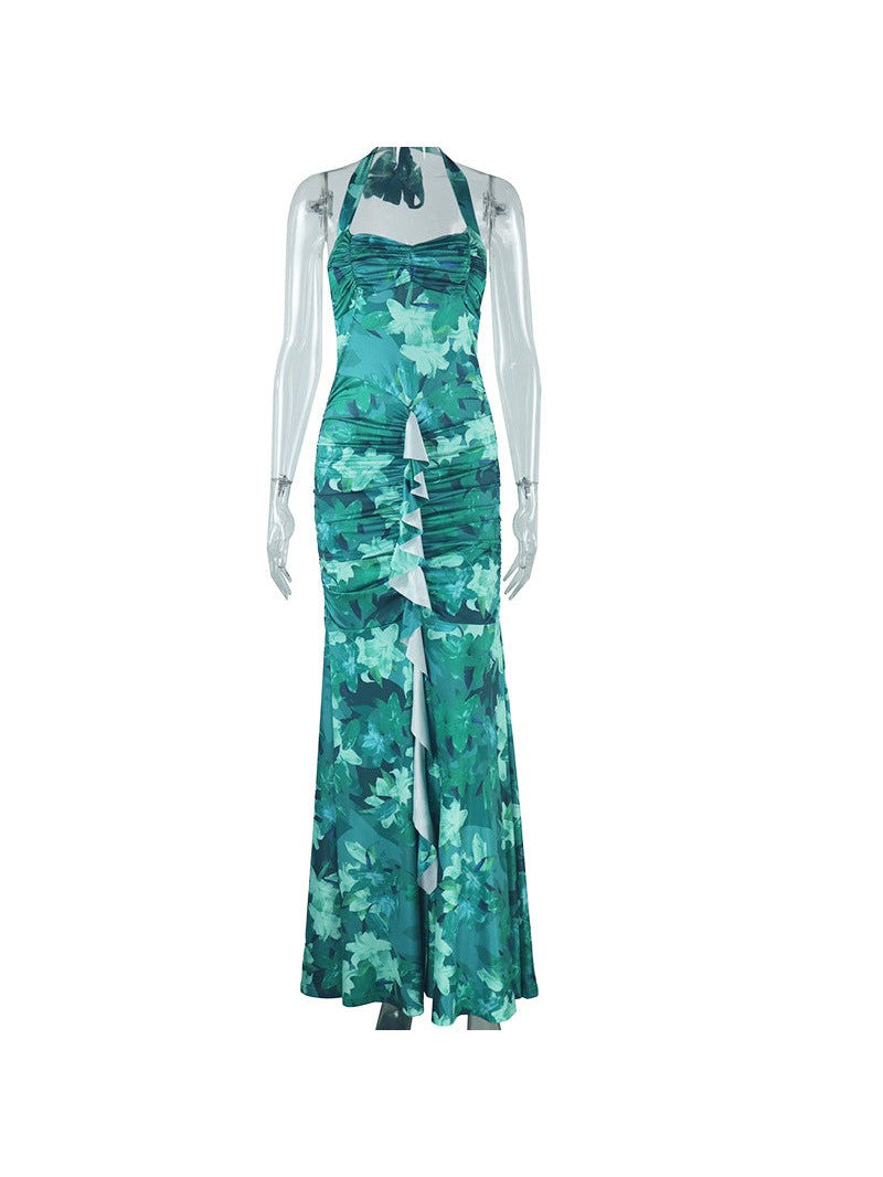 Print Halterneck Ruched Ruffle Slit Maxi Dress