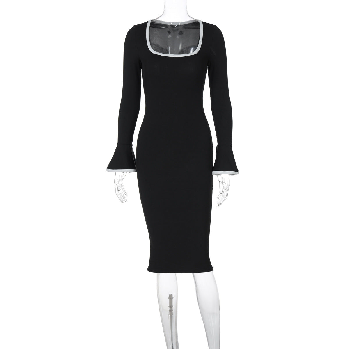 Clothing Winter Square Collar Contrast Color Knitted Midi Dress Bell Sleeve Sheath Dress