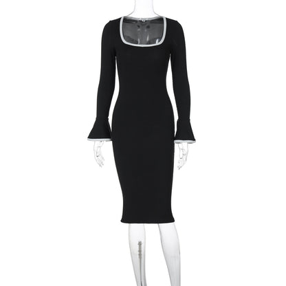 Clothing Winter Square Collar Contrast Color Knitted Midi Dress Bell Sleeve Sheath Dress
