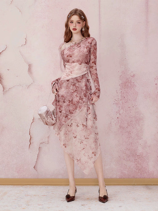 Pink Long Sleeve Midi Dress