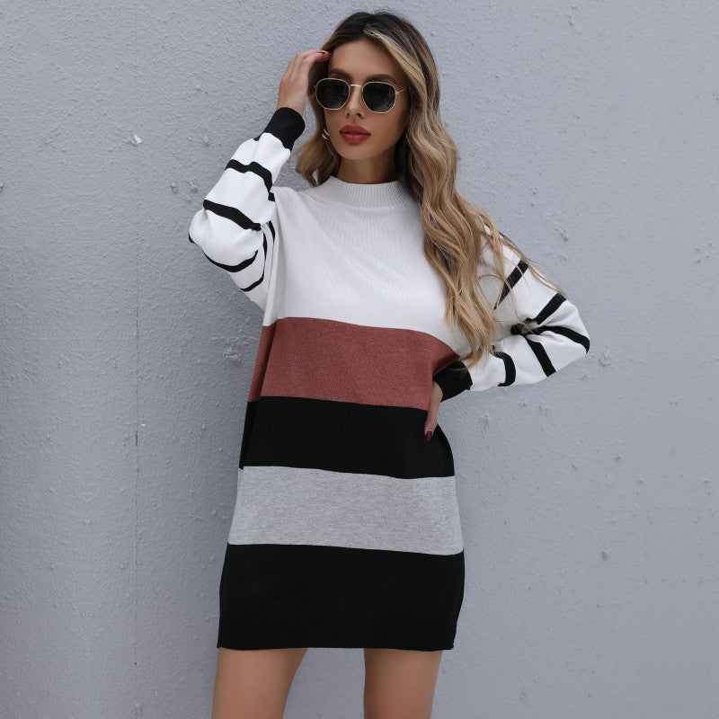 Clothing Autumn Winter Color Matching Fashionable Long Knitted Base Sweater Dress