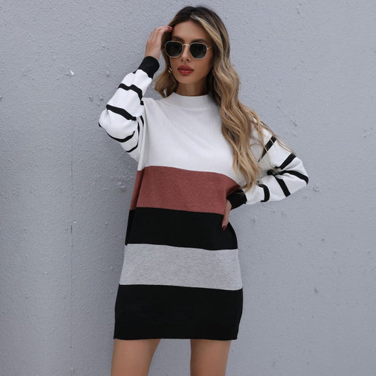Clothing Autumn Winter Color Matching Fashionable Long Knitted Base Sweater Dress