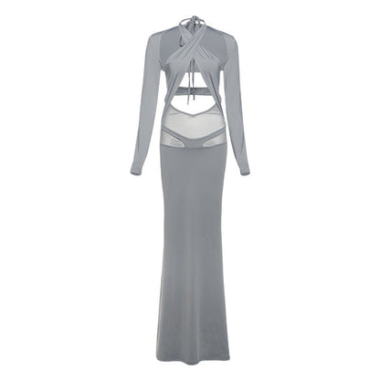 Spring Clothing Color Slim Fit Long Sleeves Blouse Halter Lace Up Dress Set