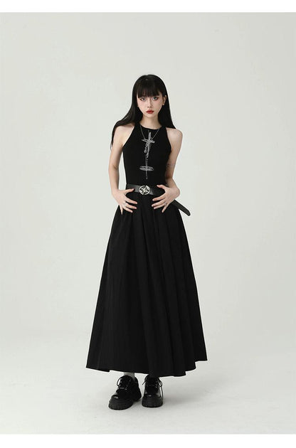Ladyghost Gothic Sleeveless Maxi Dress - Black A-line Gown With Cross Pendant and Pentagram Belt
