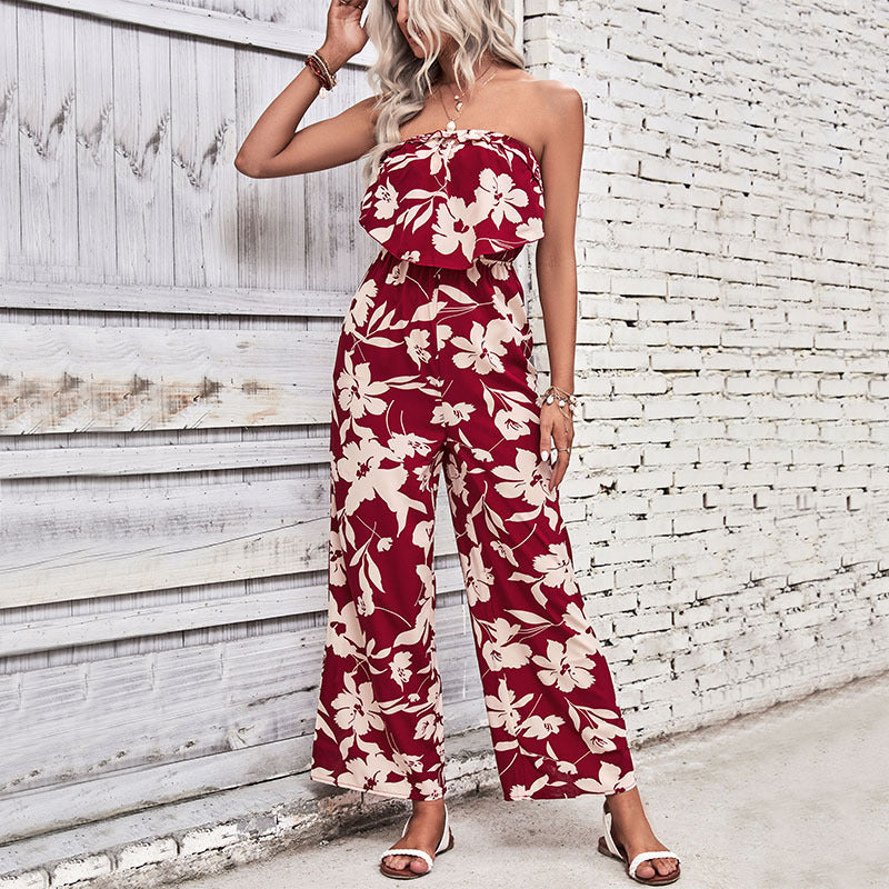 Summer Clothing Printed Tight Red Jumpsuit