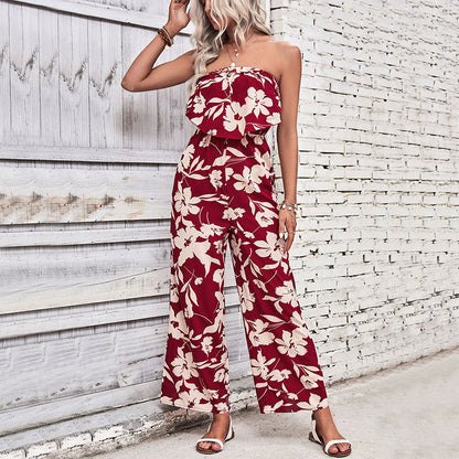 Summer Clothing Printed Tight Red Jumpsuit