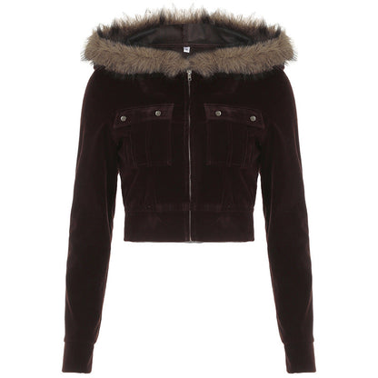 Fur Stitching Hooded Zip Cardigan Pocket Design Jacket Autumn Winter Color Velvet Coat
