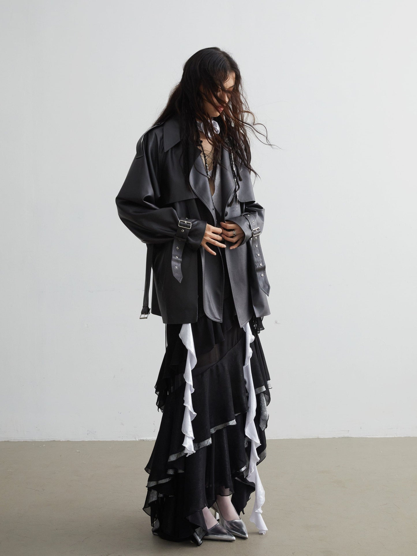 Matte Leather Short Coat With Slit Design
