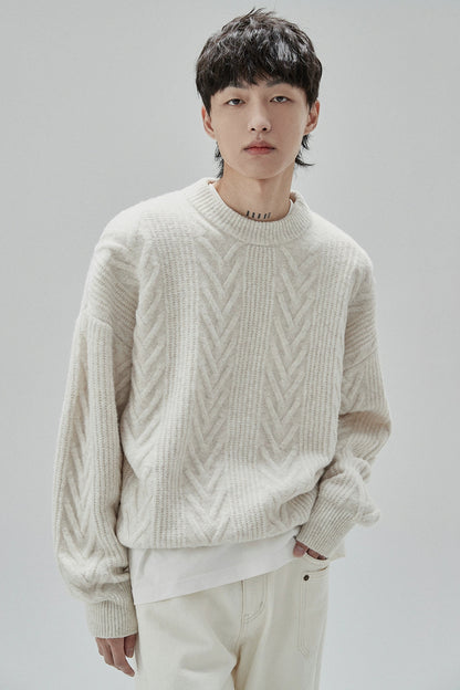 Cream Cable Knit Sweater With Chevron Pattern