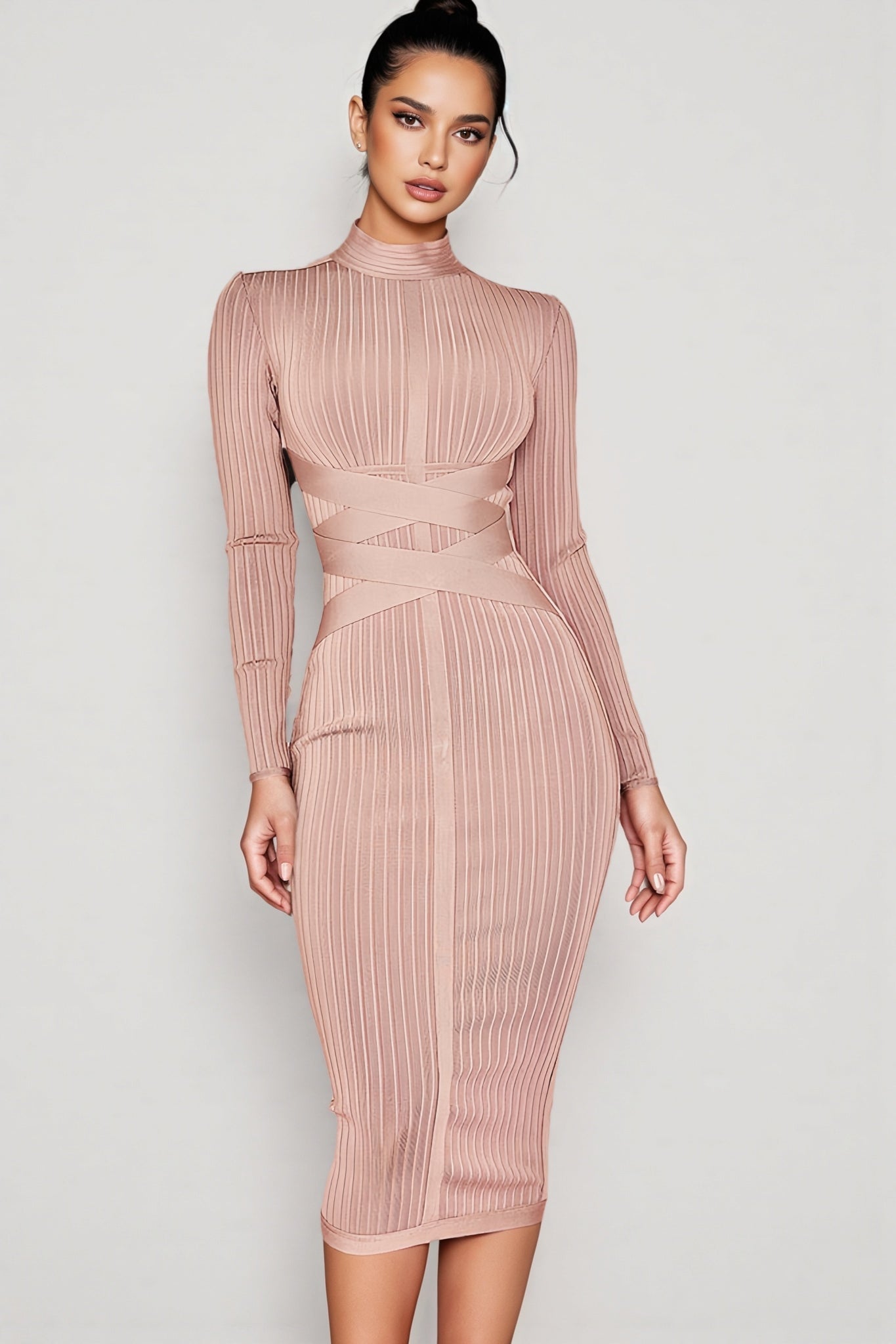 Layra Colour Stand Collar Midi Dress-brown