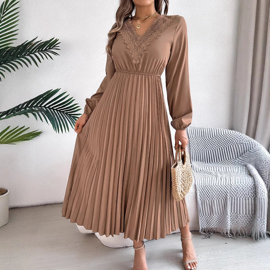 Spring Summer V Neck Lace Cinched Pleated Maxi Dress Clothing