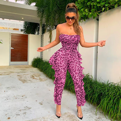 Clothing Party Leopard See Through Tube Top Jumpsuit Club Wear