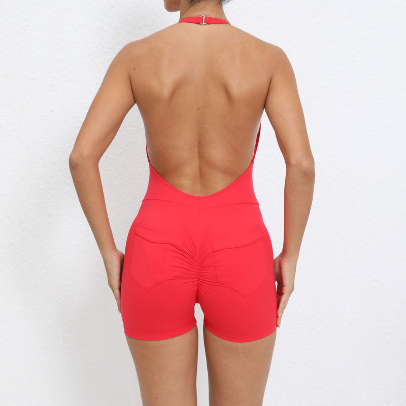 Halter Pocket Nude Feel Hip Lifting Beauty Back Yoga Jumpsuit Backless Fitness Sports Tight Jumpsuit