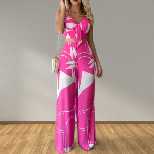 Clothing Summer Tube Top Lace Up Loose Wide Leg Pants Printing Set