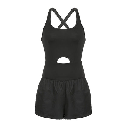 Sports Shorts Hollow Out Cutout Cross Back Loose Comfortable Workout Clothes Vest Jumpsuit
