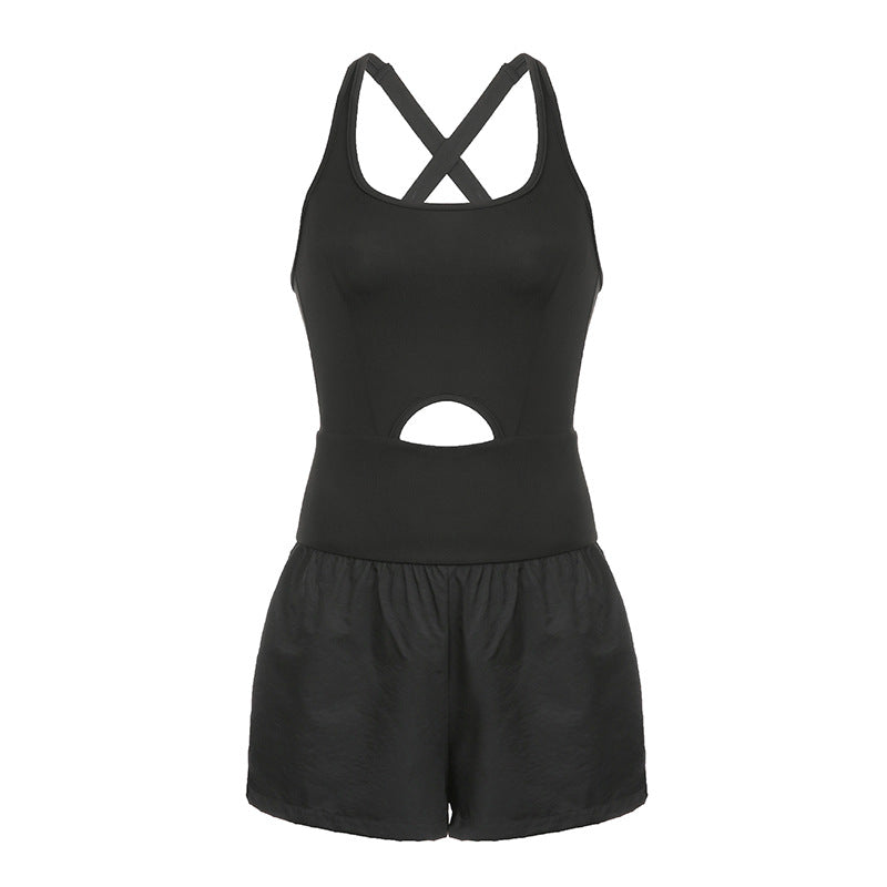Sports Shorts Hollow Out Cutout Cross Back Loose Comfortable Workout Clothes Vest Jumpsuit