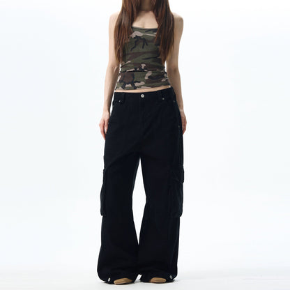 Wide Leg Cargo Pants in Beige & Black