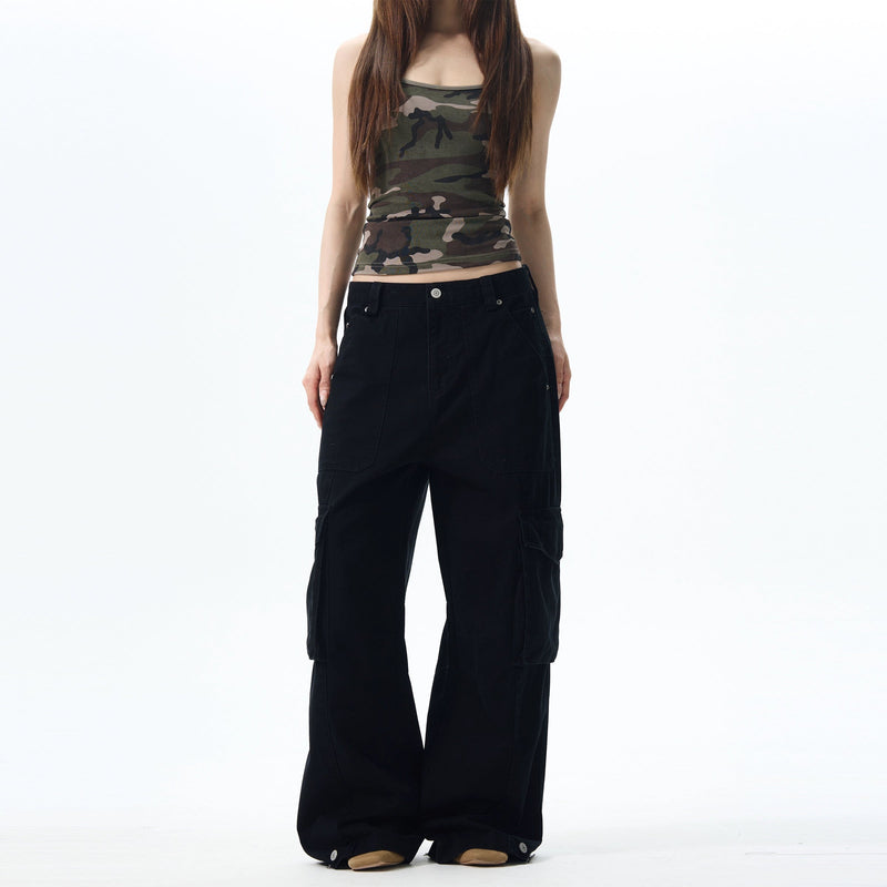 Wide Leg Cargo Pants in Beige & Black