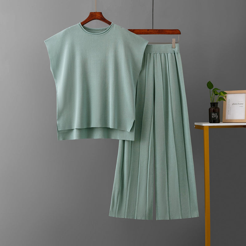 Summer Color Sleeveless Vest Sweater Wide Leg Pants Ice Silk Sets