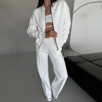 Autumn Winter Zipper Jacket Wide Leg Pants Two Piece Set