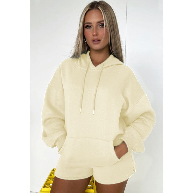 Autumn Winter Color Thickened Fleece Lined Hooded Long Sleeve Sweater Shorts Suit