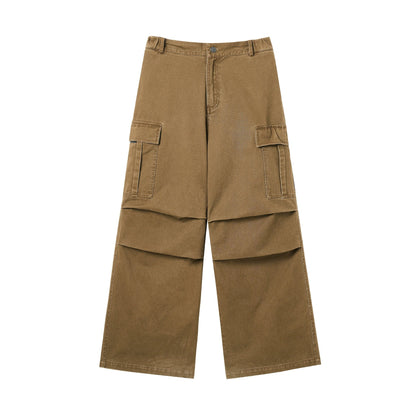 Washed Pleated Wide Leg Cargo Pants