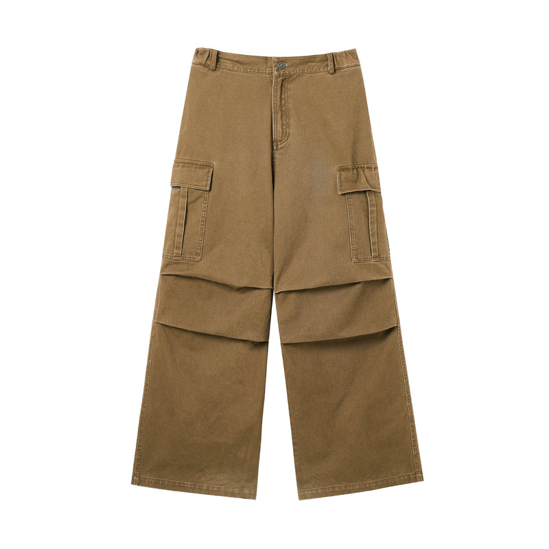 Washed Pleated Wide Leg Cargo Pants
