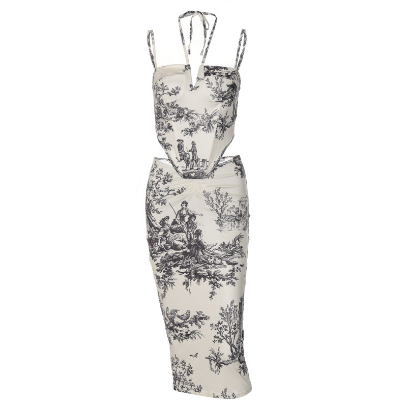 Summer Retro Printed Skirt Two-piece Set Set Corset
