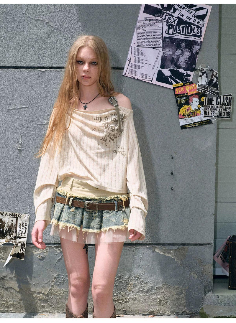 Cest Nous Layered Denim Mini Skirt - Distressed Patchwork Skirt With Belt