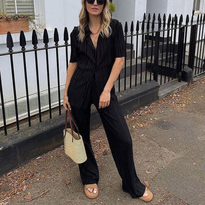 Summer Short Sleeve Loose Pleated Straight Leg Pants Two-piece Set Complex Set Collar Set