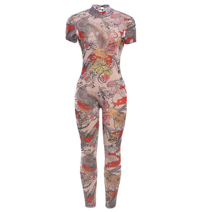 Summer Clothing Backless Printed Sheer Mesh Jumpsuit for