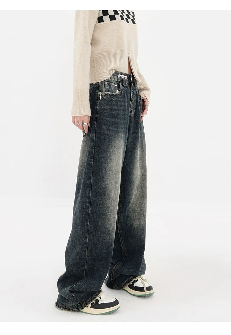 High Street Deep Blue Wide-leg Denim Pants