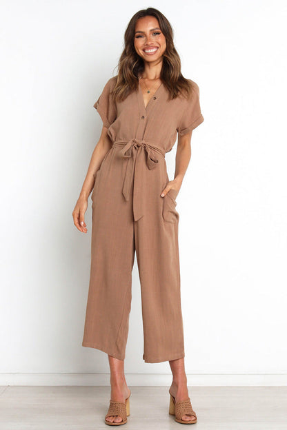 Summer Color Pocket V Neck Cropped Wide Legged Jumpsuit