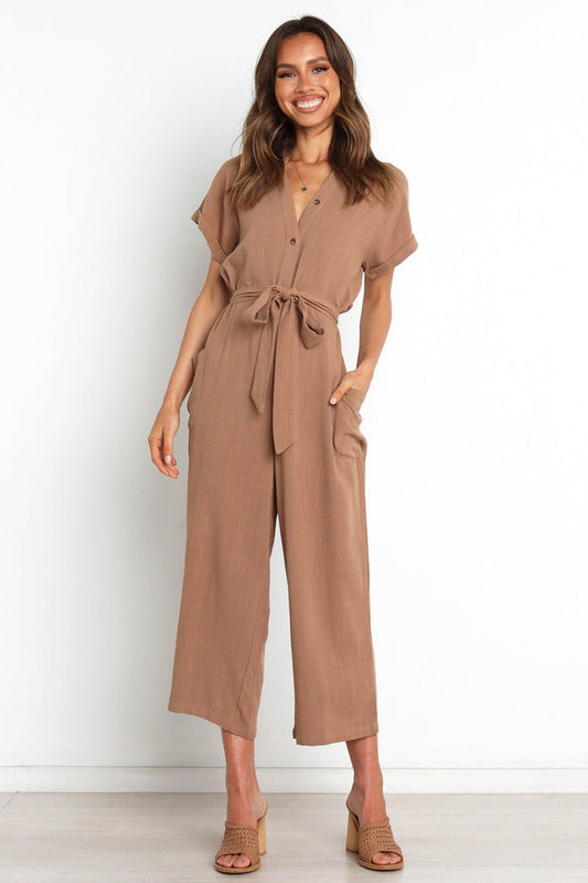 Summer Color Pocket V Neck Cropped Wide Legged Jumpsuit