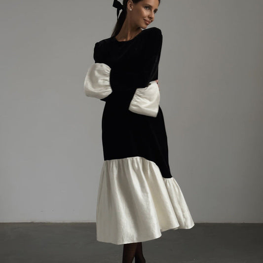 Korean Velvet Autumn French Stitching Round Neck Flared Sleeves Dress Loose Maxi Dress Clothing