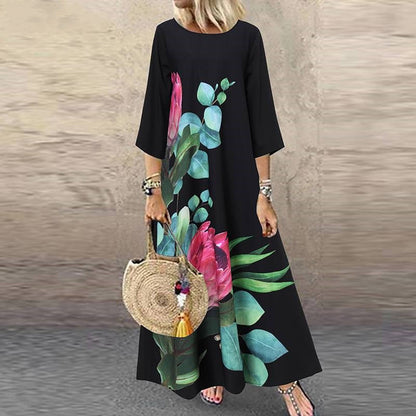 Mid-sleeve and Printed Long Dress
