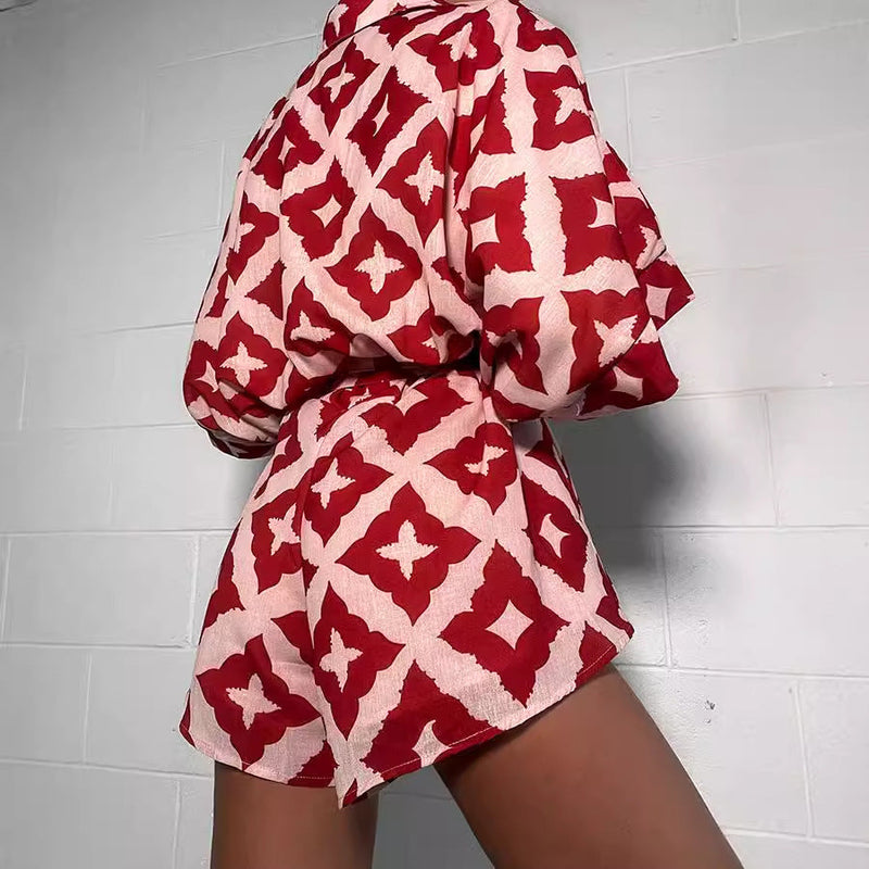Loose Print Lace Up Jumpsuit Shorts