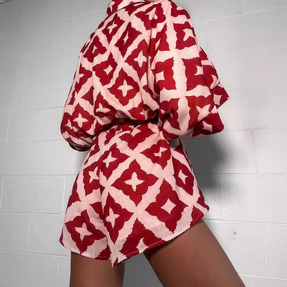 Loose Print Lace Up Jumpsuit Shorts