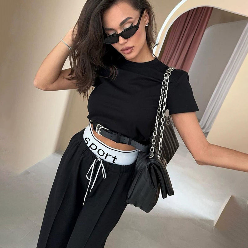 Short Sleeve Clothing High Grade Spring Cropped Belt Decorative Small Top Double Waist Sweatpants Two Piece Set