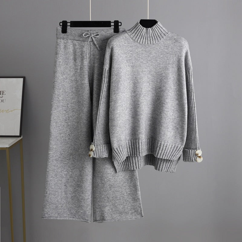 Autumn Winter Knitting Suit Semi-high Collar Sweater Thickened Outer Wear Loose Two Piece Set