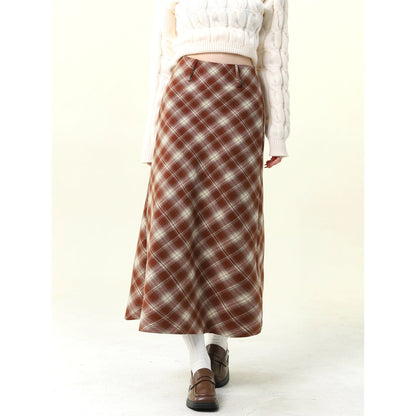 Red Plaid Wool Midi Skirt