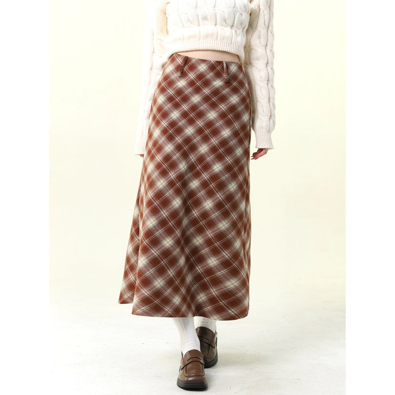 Red Plaid Wool Midi Skirt