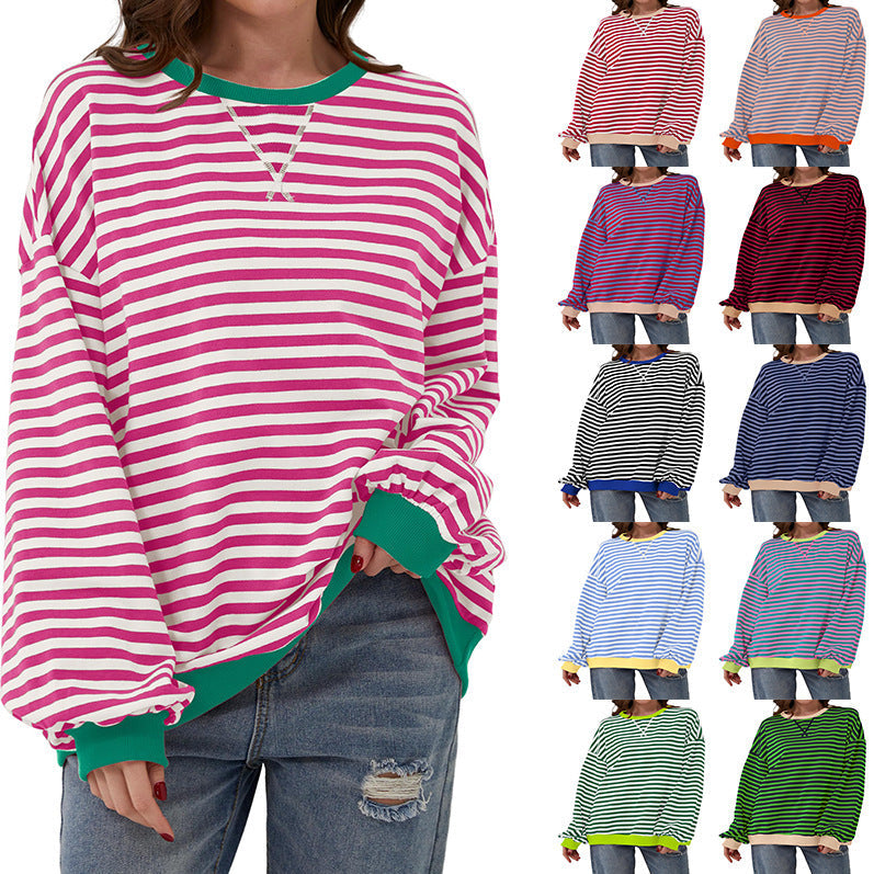 Striped Round Neck Loose Long-sleeved Sweatshirt