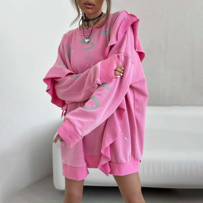 Street Round Neck Mid Length Loose Lotus Leaf Sweatshirt Summer Dopamine Printing Sweatshirt Top