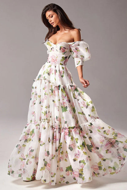 Print Off Shoulder Puff Sleeve Organza Maxi Dress