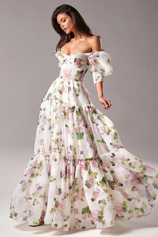 Print Off Shoulder Puff Sleeve Organza Maxi Dress
